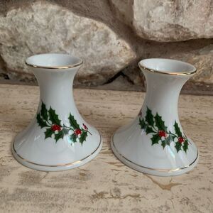 Vintage Porcelain candle holders set of 2 with Holly pattern